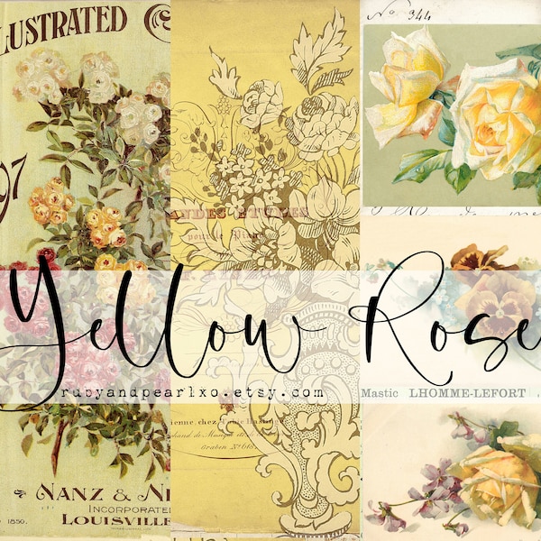 Gelbe Rose - Vintage druckbare Sammlung - digitaler Download - antike Papiere - Collage für Journaling und Kunst