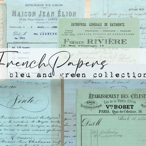 Blauwe & groene vintage Franse papieren collectie - digitale download - antieke papieren - printables voor journaling en kunst