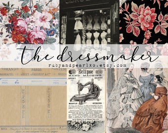 May include: A vintage collage featuring images of women in dresses, a sewing machine, and floral patterns. The text "The Dressmaker" and "rubyandpearlxo.etsy.com" is displayed at the top of the collage.