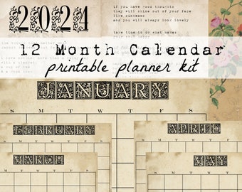 12 Month printable Calendar kit  - 2024- 12 Months of Year - Vintage Style - Junk Journal - Planner - Bullet Journal