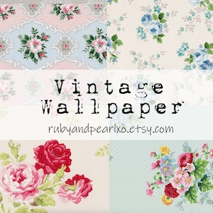 May include: A selection of vintage wallpaper designs showcasing floral patterns in shades of pink, red, and blue. The central text reads "Vintage Wallpaper", with the Etsy shop name "rubyandpearlxo.etsy.com" beneath. The number "NO. 5" is also present.