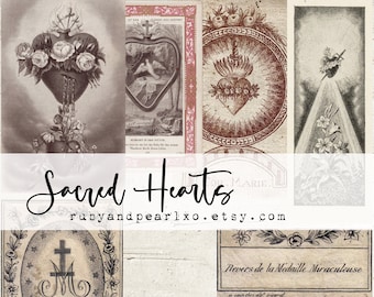 5 Antique Sacred Heart Holy Cards - Collage Sheet - Digital Download  - Vintage Printables for Journaling and Art