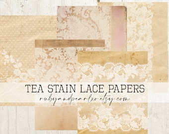 May include: A set of six digital papers featuring a vintage lace design on a tea-stained background. The papers are perfect for scrapbooking, card making, and other crafting projects. The text on the image reads "TEA STAIN LACE PAPERS rubyandpearlxo.etsy.com".