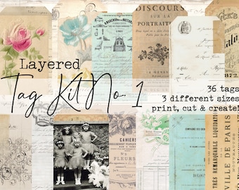 May include: A digital collage of vintage-style tags with handwritten text and images. The tags are layered and arranged in a grid pattern. The text on the tags includes the words "Layered Tag Kit No. 1", "36 tags", "3 different sizes", "print, cut & create!" and "Discourse sur la Portrait".