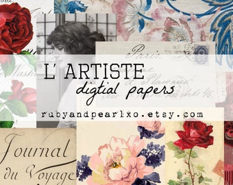 May include: A collage of vintage images featuring roses, a woman's portrait, and handwritten text. The text reads "L'ARTISTE digital papers rubyandpearlxo.etsy.com" and "Journal du Voyage".