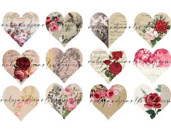 May include: Ten heart-shaped digital paper designs featuring vintage floral patterns with red, pink, and white flowers. The designs include musical notes, text, and a website address.