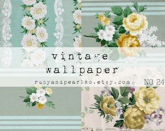 May include: Vintage wallpaper featuring floral patterns with white, yellow, and purple flowers. The design includes stripes and bows. The text "vintage wallpaper" and "rubyandpearlxo.etsy.com" are visible.