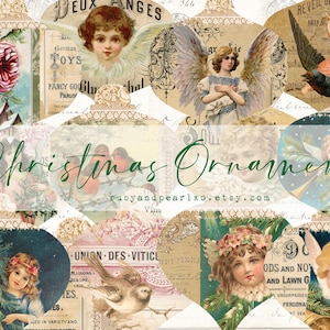 Puede incluir: Un collage de adornos navideños de estilo vintage con varios diseños. Los adornos presentan imágenes de ángeles, niños, flores y pájaros, con el texto "Christmas Ornaments" y "rubyandpearlxo.etsy.com". La paleta de colores incluye tonos pastel suaves y sepia.