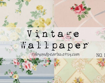 May include: A collage of vintage wallpaper samples featuring floral patterns in various colors. The samples include yellow roses, pink roses, and other floral designs. The text "Vintage Wallpaper" is overlaid on the image, along with the Etsy shop name.
