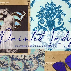 Può includere: Un collage digitale che presenta una figura in bianco e nero con ali di farfalla, uno sfondo azzurro con un motivo floreale damascato blu scuro e una farfalla blu brillante. Il testo recita Painted Lady e rubyandpearlxo.etsy.com.
