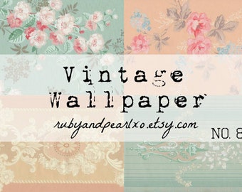 May include: A collage of four vintage wallpaper patterns. The top left pattern features pink and white flowers on a light blue background. The top right pattern features pink flowers on a peach background. The bottom left pattern features a beige and white floral pattern on a peach background. The bottom right pattern features a light blue and white striped pattern. The text "Vintage Wallpaper" is written in black on a white background. The text "rubyandpearlxo.etsy.com" is written in black on a white background. The text "NO. 8" is written in black on a white background.