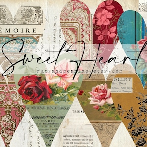 Peut inclure: Un collage de c&oelig;urs en papier vintage avec des motifs floraux, du texte et un titre qui dit "Sweet Heart" avec l'adresse du site Web "rubyandpearlxo.etsy.com".