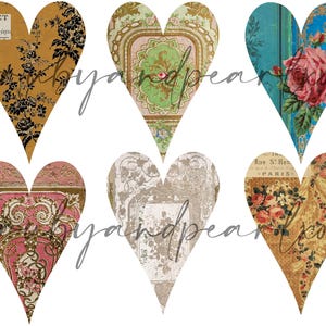 Peut inclure: Six motifs de papier en forme de c&oelig;ur de style vintage avec des motifs floraux et g&eacute;om&eacute;triques. Les c&oelig;urs sont dans diff&eacute;rentes nuances de brun, bleu, vert, rose et blanc.