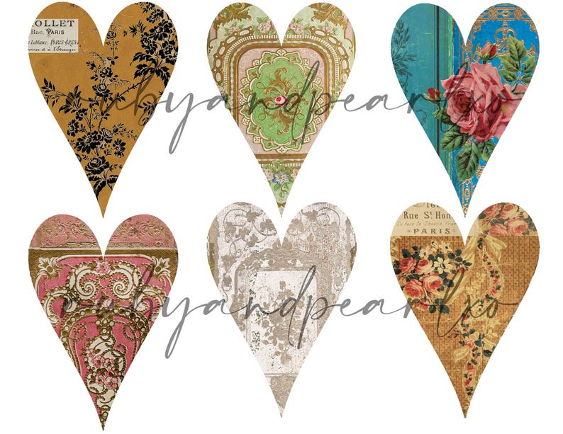 Peut inclure: Six motifs de papier en forme de c&oelig;ur de style vintage avec des motifs floraux et g&eacute;om&eacute;triques. Les c&oelig;urs sont dans diff&eacute;rentes nuances de brun, bleu, vert, rose et blanc.