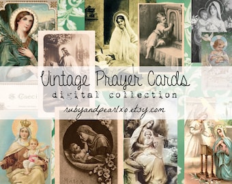 May include: A collage of vintage prayer cards featuring images of religious figures, including a woman holding a palm branch, a woman with a child, and a woman praying. The cards are in a variety of colors and styles, and they are all framed in a decorative border. The text "Vintage Prayer Cards digital collection rubyandpearlxo.etsy.com" is printed at the bottom of the collage.
