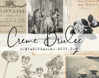 May include: A collage of vintage images featuring a black and white illustration of a couple in a formal setting, a floral design with a white rose, and a handwritten note with the text "Salis, 16, rue de Paris, Hori's Bebivibr, Barri". The text "Creme Brulee" is written in cursive script with the website "RUBYANDPEARLXO.ETSY.COM" below it.