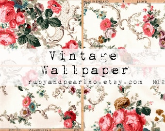 May include: Vintage wallpaper with a floral pattern featuring pink roses, green leaves, and brown scrollwork on a white background. The text "Vintage Wallpaper" and "rubyandpearlxo.etsy.com NO. 21" is printed on the image.