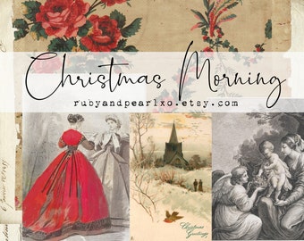 Puede incluir: Un collage de imágenes vintage con un tema navideño. Las imágenes incluyen una mujer con un vestido rojo, una iglesia en un paisaje nevado y una madre y un niño con un ángel. El texto "Christmas Morning" y el sitio web "rubyandpearlxo.etsy.com" también están incluidos.