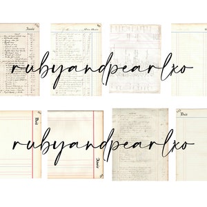 May include: Eight vintage ledger pages with handwritten text and ruled lines. The pages are in various states of wear and tear, with some showing signs of age and use. The pages are all blank except for the top and bottom lines, which are filled with handwritten text.