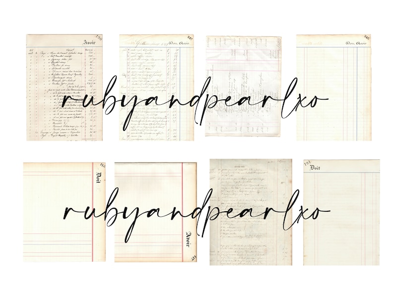May include: Eight vintage ledger pages with handwritten text and ruled lines. The pages are in various states of wear and tear, with some showing signs of age and use. The pages are all blank except for the top and bottom lines, which are filled with handwritten text.