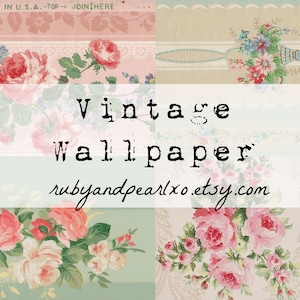 Puede incluir: Papel tapiz vintage con un patrón floral con rosas rosas y blancas sobre un fondo verde claro. El texto "Vintage Wallpaper" y "rubyandpearlxo.etsy.com" se muestra en la imagen. El número "NO.9" también se muestra en la imagen.