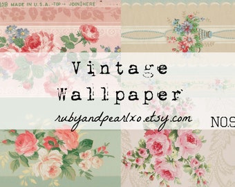 May include: Vintage wallpaper with a floral pattern featuring pink and white roses on a light green background. The text "Vintage Wallpaper" and "rubyandpearlxo.etsy.com" is displayed on the image. The number "NO.9" is also displayed on the image.