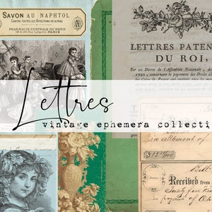 Könnte beinhalten: Eine Vintage-Ephemera-Sammlung mit dem Wort "Lettres" in einer dekorativen Schriftart. Die Sammlung enthält Bilder von Kindern, Blumen und Text in Französisch. Der Text enthält "Lettres Patentes du Roi" und "Savon au Naphtol".
