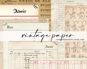 May include: A collage of vintage paper textures with handwritten text in French and English. The text includes "Avoir", "Doit", "191", "190", and "Report". The paper is cream-colored with a distressed look.
