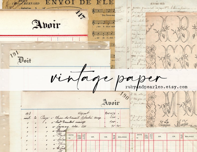 May include: A collage of vintage paper textures with handwritten text in French and English. The text includes "Avoir", "Doit", "191", "190", and "Report". The paper is cream-coloured with a distressed look.