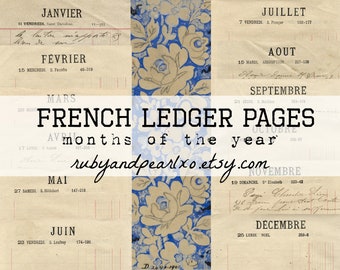 Antique French Ledger Printables - Months of Year - Junk Journal - Planner - Bullet Journal