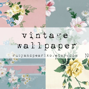 May include: Vintage wallpaper featuring floral patterns in shades of pink, blue, yellow, and white. The wallpaper has a striped pattern with a floral design. The text "vintage wallpaper" is displayed in black text on a white background. The text "rubyandpearlx.etsy.com" and "NO. 32" are also displayed on the image.