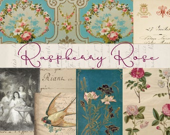 Op de afbeelding: Een collage van vintage afbeeldingen met bloemmotieven, een vogel en een handgeschreven notitie met de tekst "Raspberry Rose".