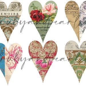 Peut inclure: Six motifs en forme de c&oelig;ur en papier avec diff&eacute;rents motifs et textes. Les motifs comprennent des motifs floraux, un motif ray&eacute; bleu et blanc et un motif avec le mot "MEMOIRE" en fran&ccedil;ais.