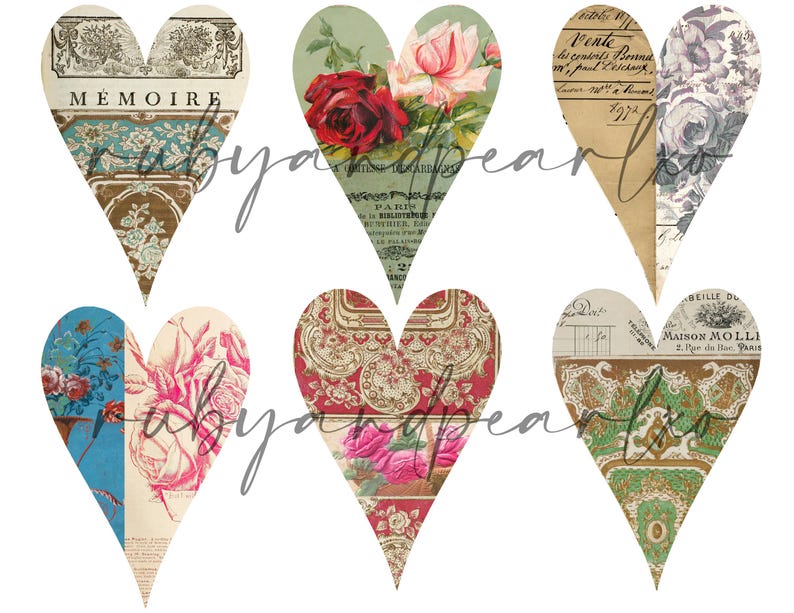 Peut inclure: Six motifs en forme de c&oelig;ur en papier avec diff&eacute;rents motifs et textes. Les motifs comprennent des motifs floraux, un motif ray&eacute; bleu et blanc et un motif avec le mot "MEMOIRE" en fran&ccedil;ais.