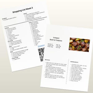 May include: Two white printed sheets featuring a Shopping List Week 3 with categorized grocery items and a recipe card for Instapot Beef & Potatoes. The recipe includes a color photograph of the dish, nutritional facts, ingredients, and cooking method.