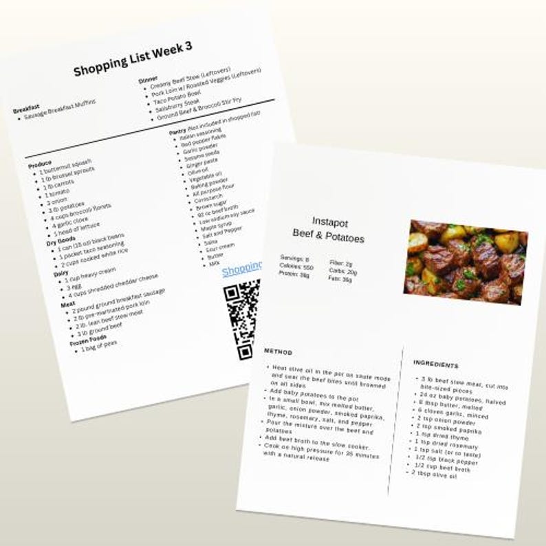 May include: Two white printed sheets featuring a Shopping List Week 3 with categorized grocery items and a recipe card for Instapot Beef & Potatoes. The recipe includes a color photograph of the dish, nutritional facts, ingredients, and cooking method.