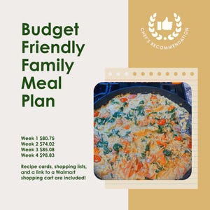 May include: A digital meal plan graphic titled Budget Friendly Family Meal Plan with a Chef's Recommendation badge. It features a photograph of a creamy pasta dish with spinach and tomatoes in a skillet, alongside text listing weekly costs.