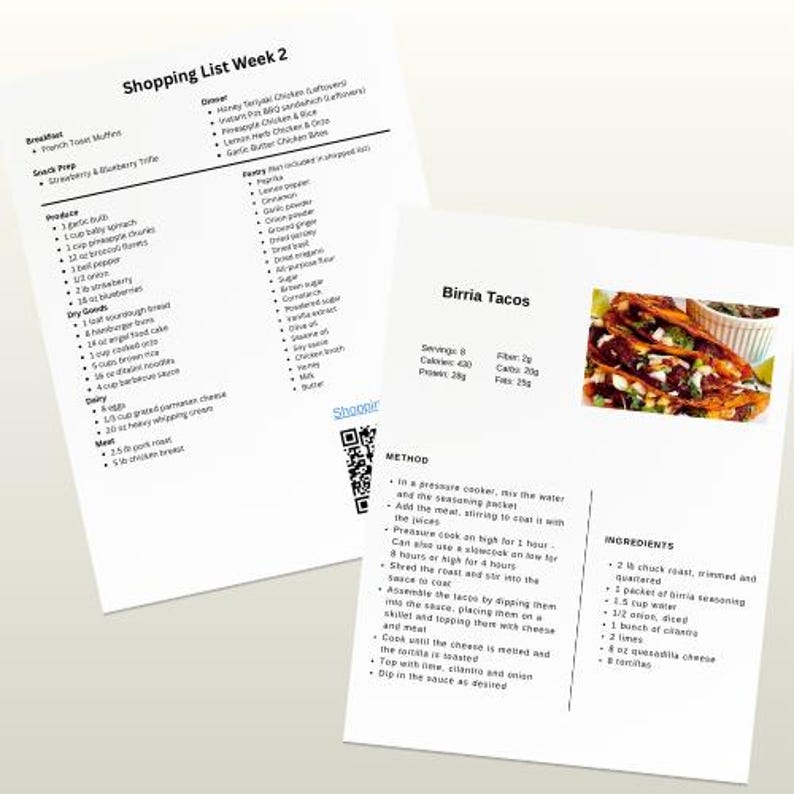 以下が含まれることがあります： 食事プランと買い物リストが印刷された2枚の白い紙。Shopping List Week 2と題されたページにはカテゴリー別の材料が記載されています。Birria Tacosと題された2枚目のページには、タコスのカラー写真、栄養データ、調理手順が記載されています。