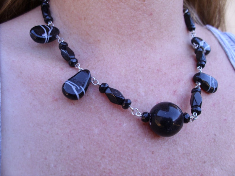 Jet black chuncky glass beaded necklace with jet black chain