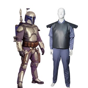 Disfraz de Jango Fett: traje de vuelo de algodón y chaleco de piel sintética.
