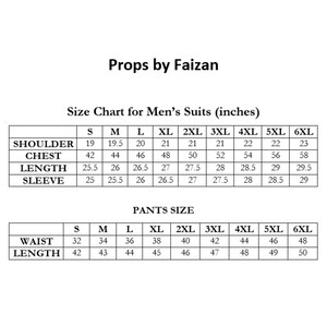 May include: A size chart for men's suits, with measurements in inches. The chart includes shoulder, chest, length, and sleeve measurements for sizes S through 6XL. Pants size chart includes waist and length.