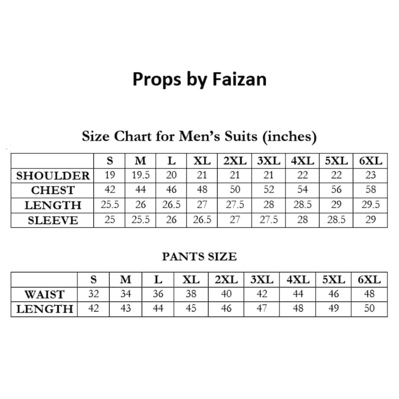 May include: A size chart for men's suits, with measurements in inches. The chart includes shoulder, chest, length, and sleeve measurements for sizes S through 6XL. Pants size chart includes waist and length.