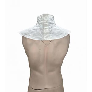 May include: White padded fencing collar with a high, structured neck and a wide, rounded collar. The collar is designed to protect the neck and shoulders during fencing. The fabric appears to be a sturdy, quilted material.