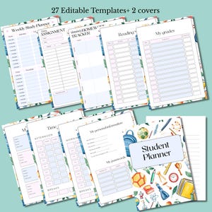 May include: A collection of student planner templates with a floral border. The templates include sections for weekly study plans, daily assignments, homework tracking, reading logs, and grade tracking. The cover reads "Student Planner". The text "27 Editable Templates + 2 covers" is also visible.