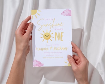 Editable Little Sunshine Birthday Invite - Pink Summer Party - Whimsical Sun Girl Theme - 1st Birthday Party Invite -Editable Canva Template
