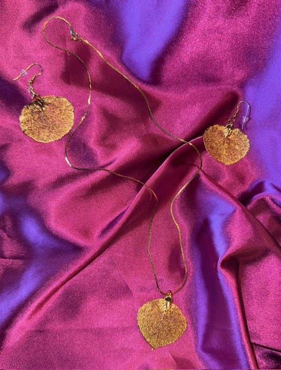 Vintage Gold Dipped Aspen Leaf Necklace and Earri… - image 4