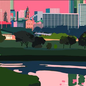 May include: A vibrant illustration of a cityscape featuring the text "TRINITY RIVER" in pink letters on a black background. The image showcases buildings, trees, and a river with pink and blue tones, creating a lively and artistic scene.