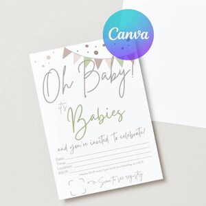 Gender Neutral Twin Baby Shower Canva Invitation Template