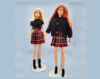 3 Pc OUTFIT ENSEMBLE Plaid Skirt Top Sweater fits MTM and Regular Barbie Repro Vintage Silkstone and 1/6 Fashion Dolls