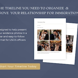 May include: Two white pages with photos and text, titled "Ceremony Day", are displayed against a dark blue background. The text reads "THE TIMELINE YOU NEED TO ORGANIZE & PROVE YOUR RELATIONSHIP FOR IMMIGRATION" and "Start Your Timeline Today".